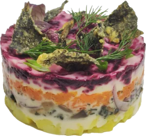 Салат «Шуба» с чипсами из нори